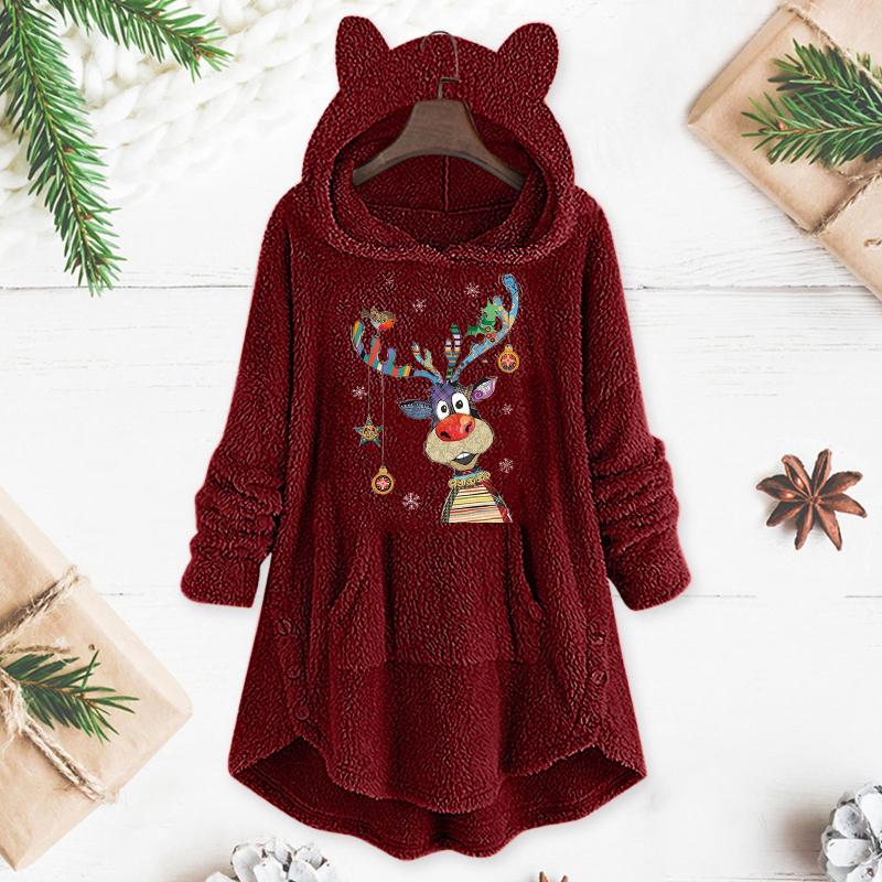 

Women's Hoodies & Sweatshirts Harajuku Women Solid Color Oversized Hoodie Casual Elk Printed Hooded Long Coat Loose Sweatshirt Winter Clothe, Black