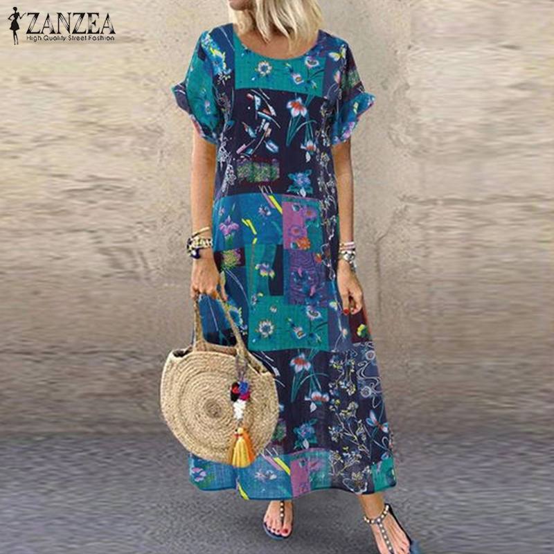 

2021s 5xl zanzea summer bohemian sundress 2021 women party long dress casual vintage short sleeve floral printed vestido female robe, Black;gray