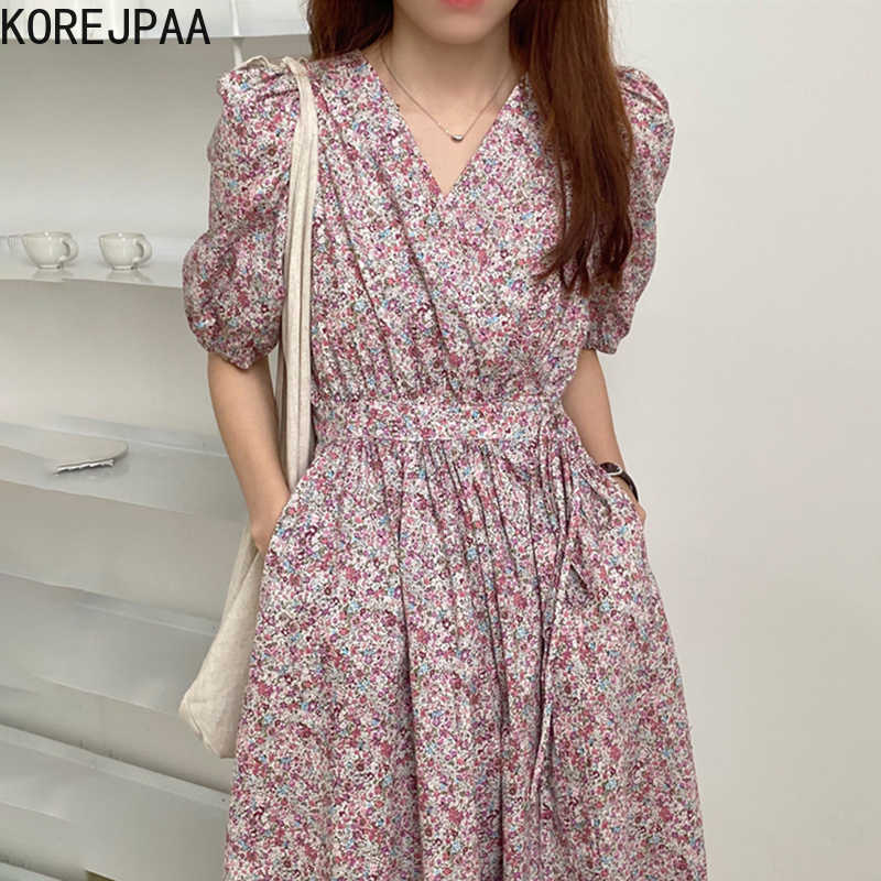 

Korejpaa Women Dress Korean chic summer French retro V-neck floral lace-up waist bubble sleeve dress long skirt female 210526, Picture color