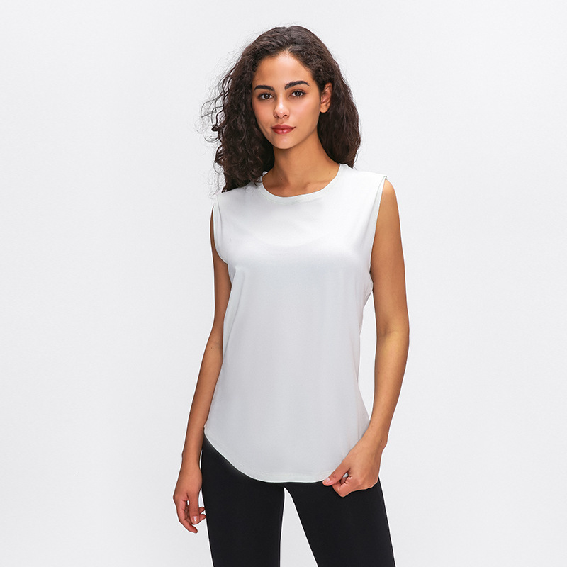 

women's 2021 summer cotton round neck sleeveless T-shirt fast dry Breathable loose running long Yoga suit, White