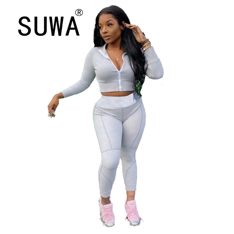 

Wholesale Fall Winter Clothes Tracksuit Women 2 Piece Matching Sets Zipper Long Sleeve Crop Top Joggers Legging Pants Sportswear 210525, Gray