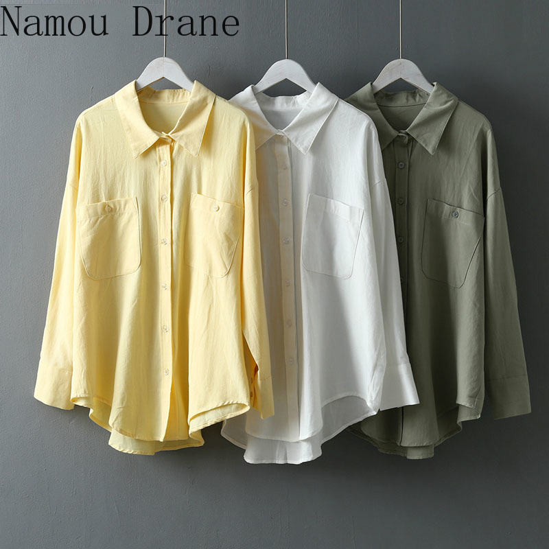 

Lapel Office Blouse Women's Double-pocket Fashion Long-sleeved Shirt Basic Spring Yellow 210429