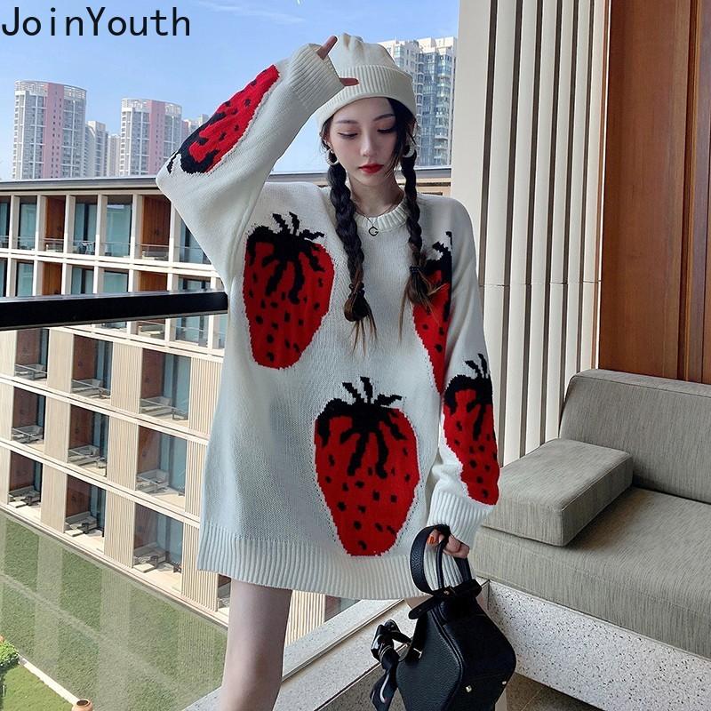 

Women's Sweaters Joinyouth Strawberry Jacquard Round Neck Pullover Sweater Women Autumn Winter Loose Oversized Soft Waxy Outer Wear Knit Top, White;black