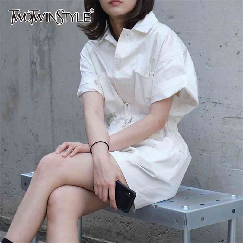

White Casual Jumpsuit For Women Lapel Collar Lace Up Bowknot Wide Leg Pants Loose Jumpsuits Female Summer 210521
