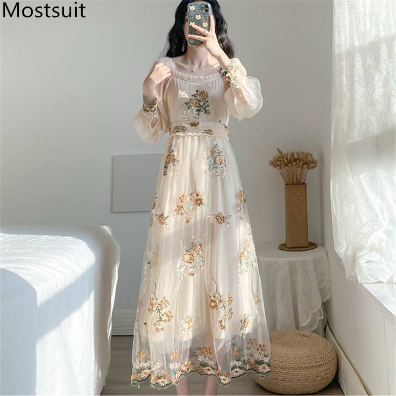 

Spring Summer Yarn Embroidered Long Dress Women Sleeve Square Collar High Waist Dresses Sweet Elegant Fashion Vestidos 210518, Apricot