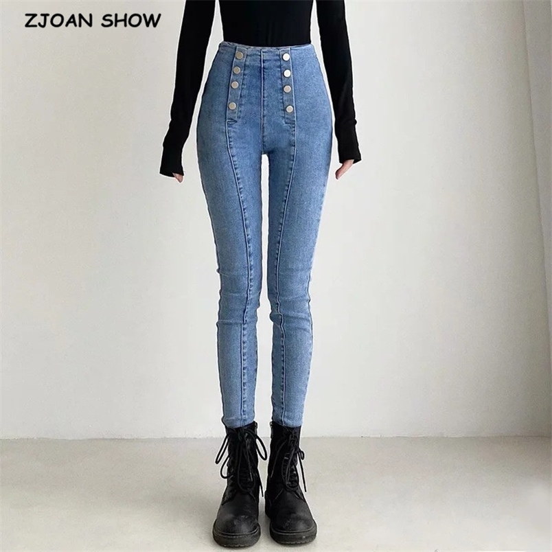 

Skinny Double-breasted Four Buttons High Waist Pencil Jeans Women Slim Fit Stretch Denim Pants Full Length Tight Trousers 210429, Sky blue