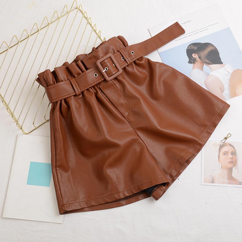 

Women's Shorts Elegant High Waist Pu Leather Women With Belt A-Line Bottoms Plus Size Ladies Wide Leg Faux Short Pants, White;black