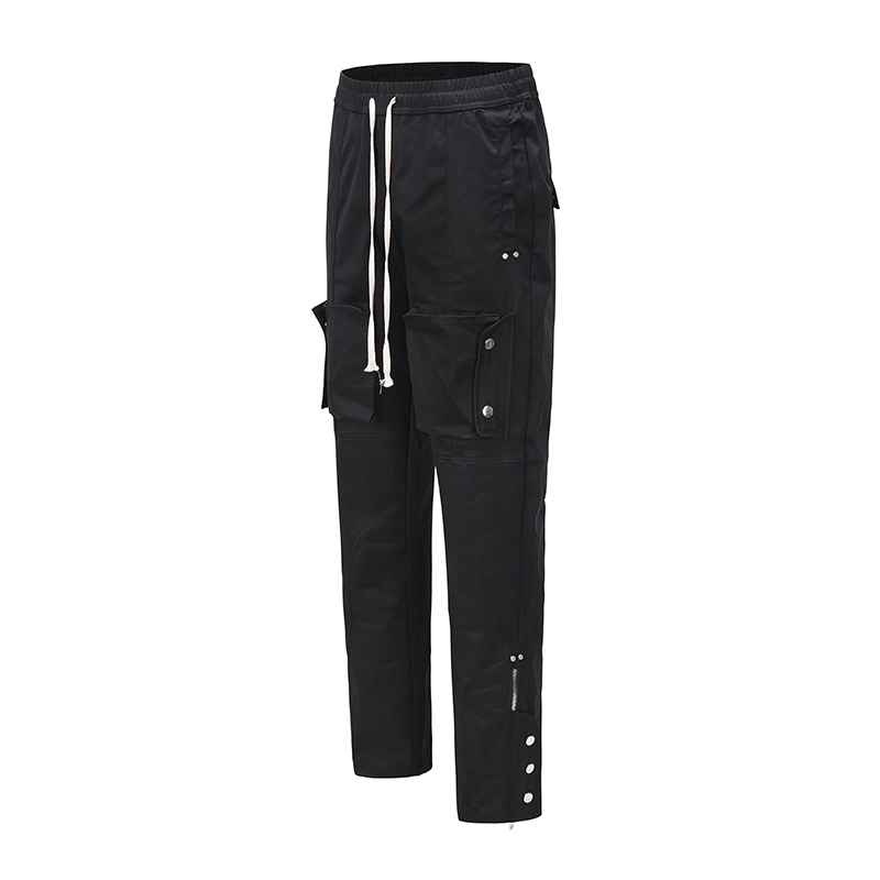 

Pants Ankle Zipper Multi-pockets Overalls Mens Drawstring Solid Black Straight Loose Casual Cargo Hip Hop Baggy Trousers