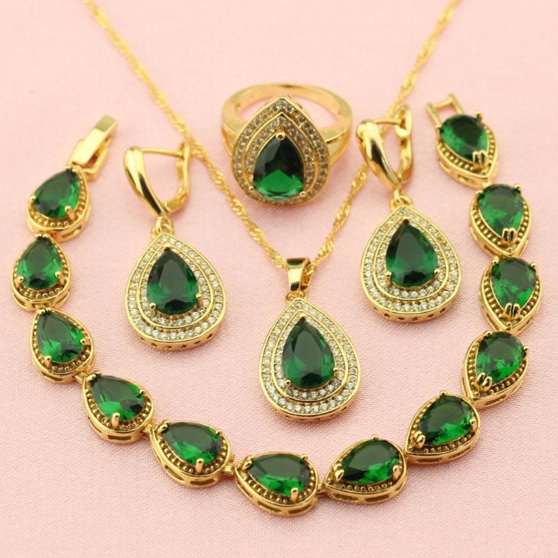 

Earrings & Necklace WPAITKYS Trendy Green Water Drop Cubic Zirconia Gold Color Jewelry Sets For Women Weding Pendant Ring Bracelet Free Box, As pic