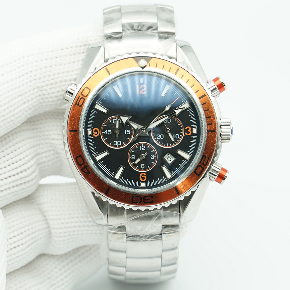 

Orange Bezel Planet Meter Black Dial Watch 44mm Quartz Chronograph Ocean Diver 600m Stainless Steel Glass Back Sports Sea Mens Watches, Only for extra payment