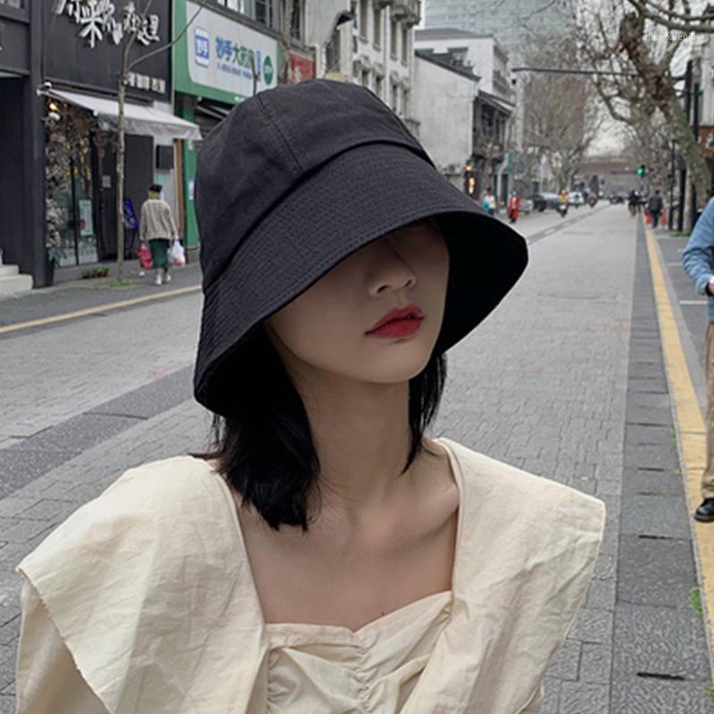 

Japanese Style Bucket Big Eaves Fisherman Hat Female Foldable Sun Korean All-match Wide Brim Hats, Blue;gray