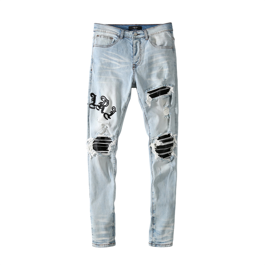

Men's Ripped Jeans High Quality Hip Hop Denim Pants Embroidery Broken Hole Patch Streetwear Pencil Pants Elastic Slim-cut Trousers, Light blue