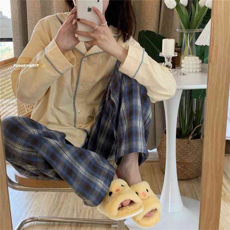 

Korean Cute Lace Gentle Spring All Match Fashion Sleepwear Girls Princess Women Sweet Chic Pajamas Sets 210525, Photo color