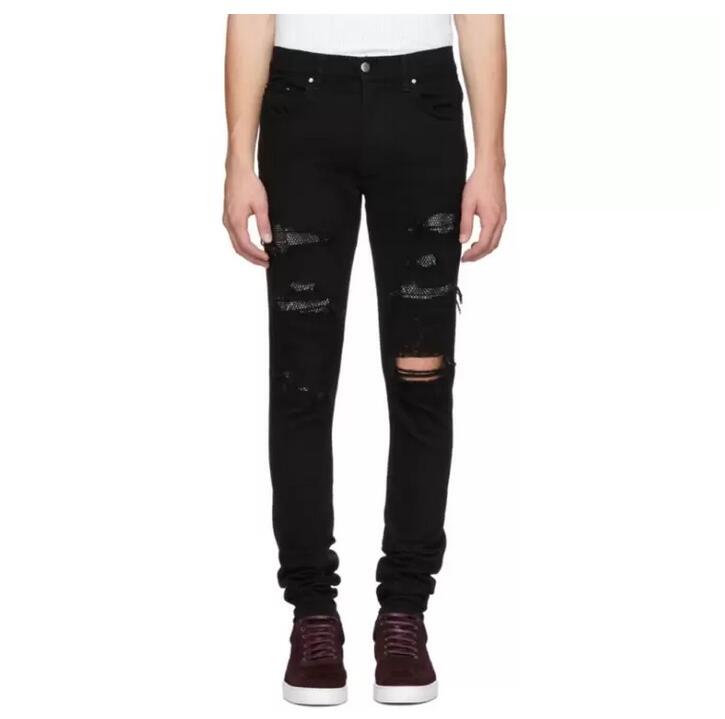 

Men's Jeans Faux Diamond Biker Paint Patchwork Spliced Frayed Distressed Wash Destroy Jeans Slim Trousers Ripped Denim Men Pants, Black