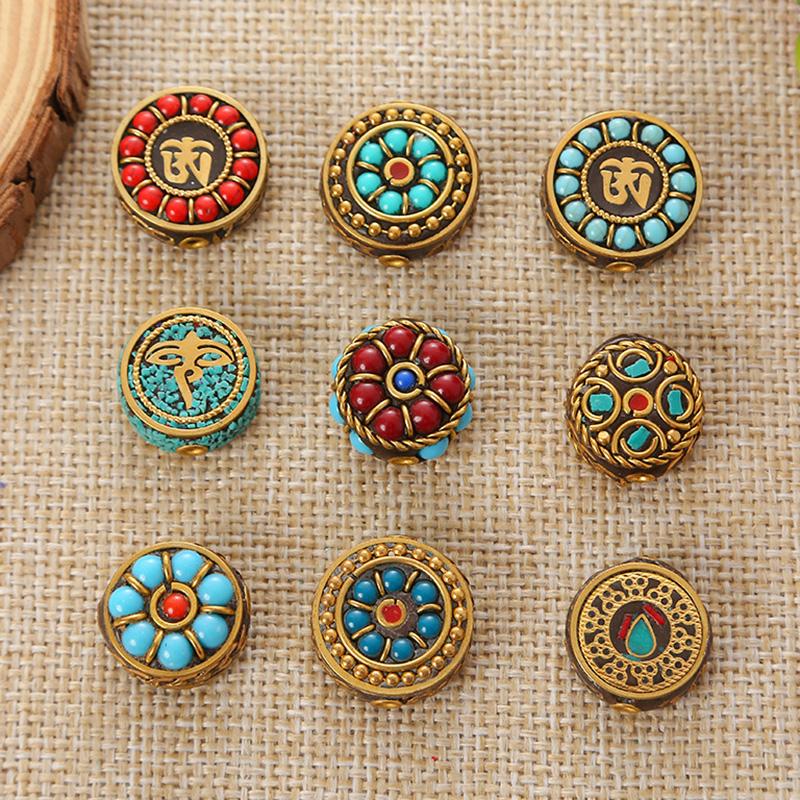 

Other Nepalese Buddhist Handmade Flat Round 20mm-22mm Tibetan Brass Metal & Clay Loose Craft Beads For Jewelry Making DIY Necklace