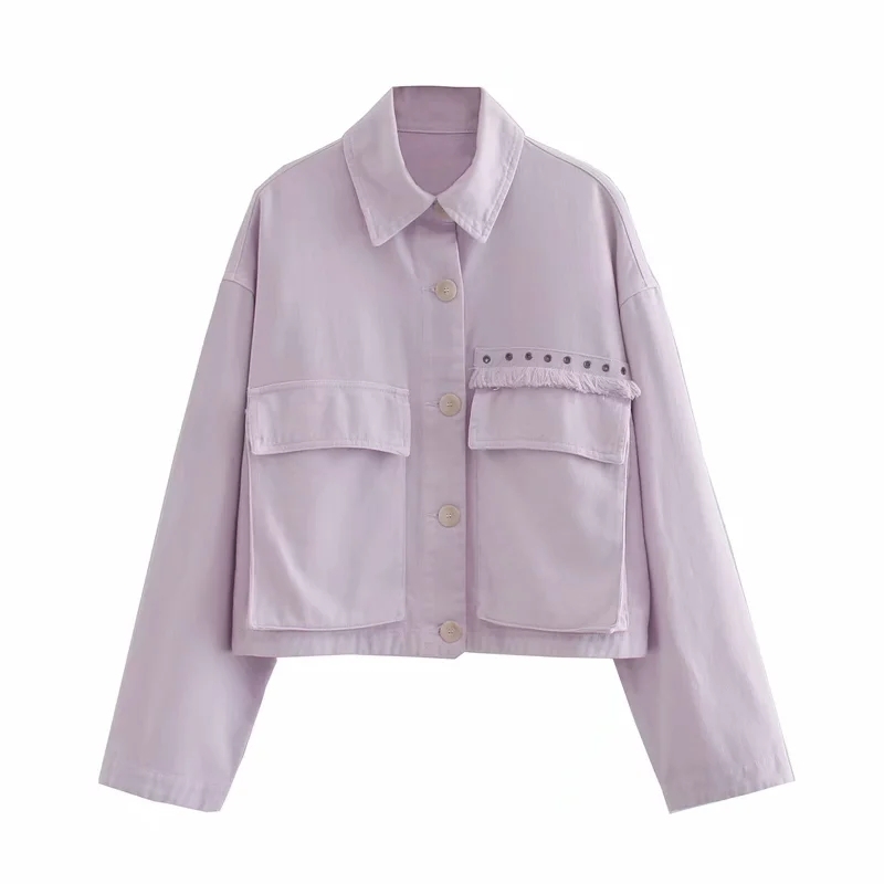 

Stylish Chic Tassel Pockets Short Bomber Jacket Women Fashion Solid Lapel Collar Coat Girls Casual Streetwear 210520, As pic