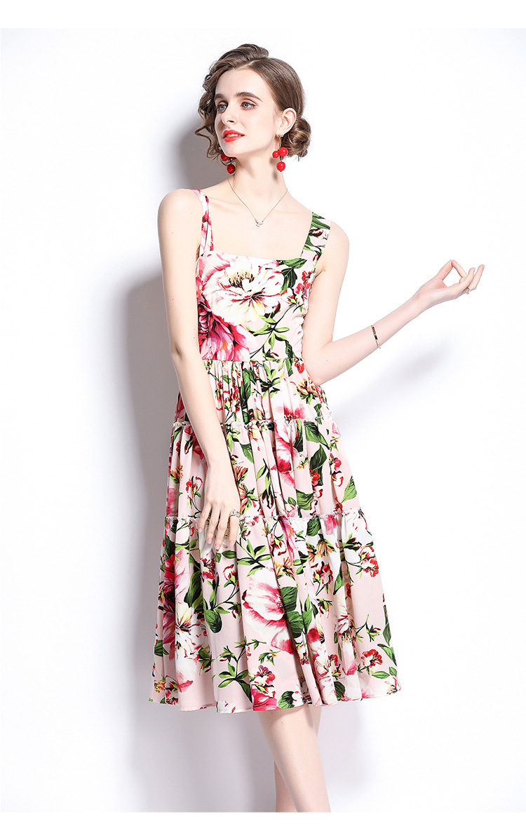 

paghetti strap printing dresses 2021 women's street fashion sliming casual dress holiday wear 100% polyester, Black;gray