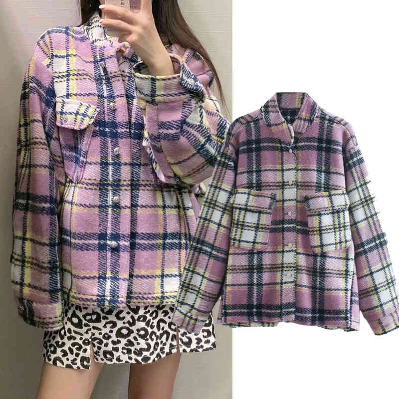 

Women's Down & Parkas New Fashion Women Plaid printing shirt Coat Turn-down Collar Long Sleeve Single-breasted jacket Casual Loose, Black