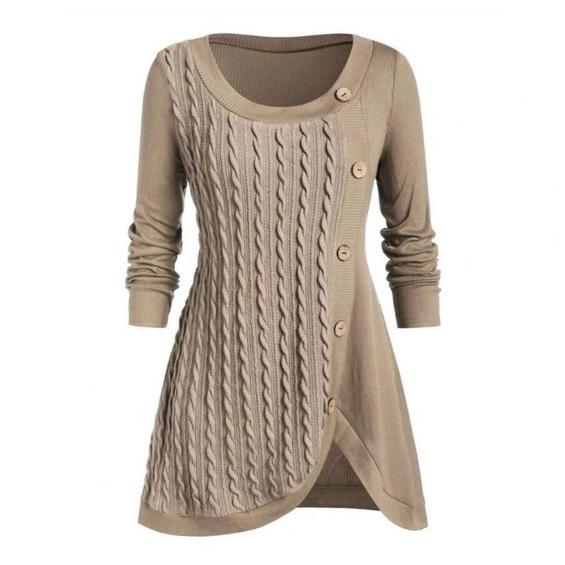 

Women's Sweaters Women Tunic Sweater Round Neck Buttons Decor Twist Top Pullover Fashion Lady Jumpers Autumn, Purple
