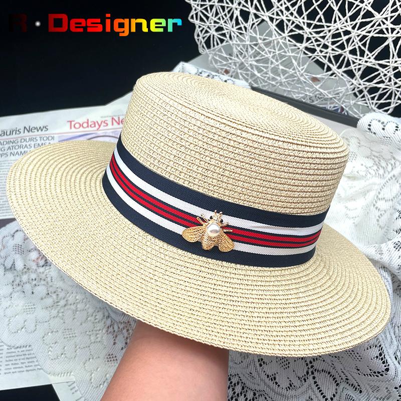 

Wide Brim Hats Summer Panama Woman Solid Color Striped Hat Bee Metal Decoration High-quality Foldable Visor Temperament Top, Blue;gray