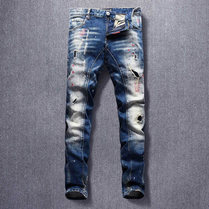 

Fashion Streetwear Men Jeans Retro Blue Elastic Slim Fit Ripped Denim Trousers Embroidery Patchwork Spliced Hip Hop Biker Pants
