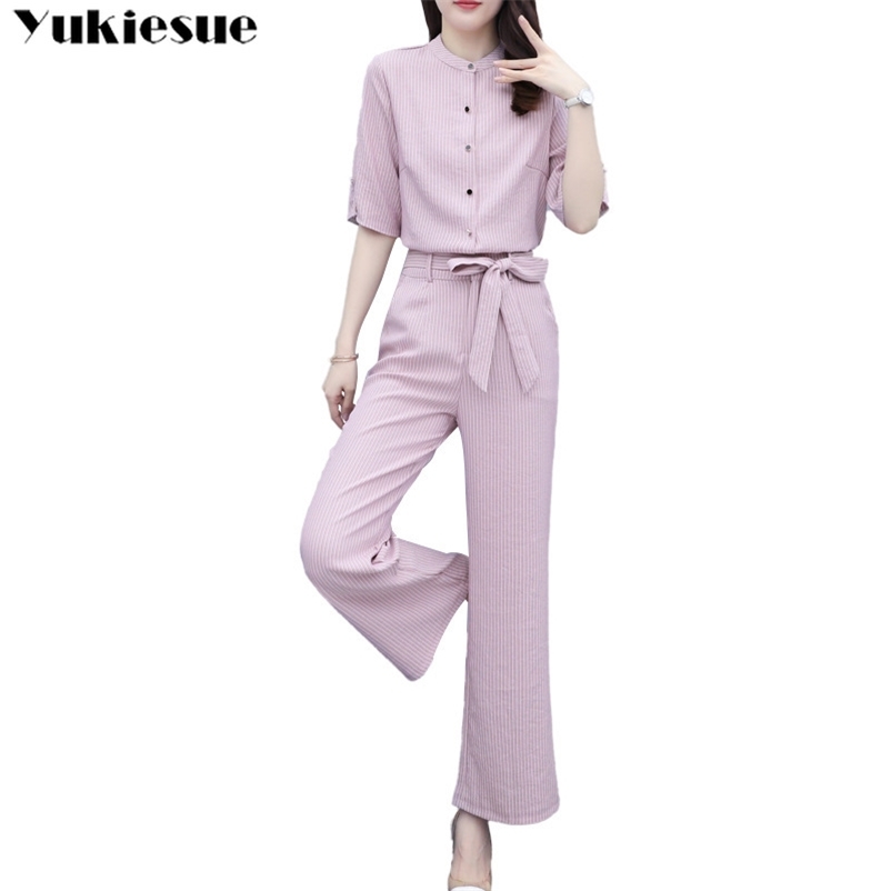 

summer striped blouses wide leg pants 2 two piece skirt set women clothes ensemble femme sets s club outfits for 210518, Blue stripes