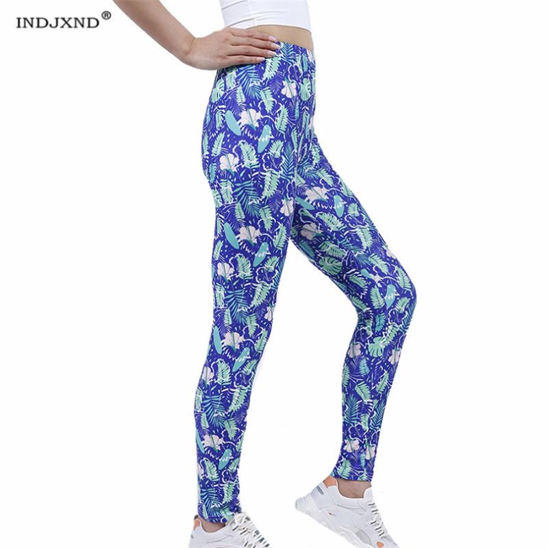 

Women' Leggings INDJXND Pants Fitness Sapphire Green Leaf Printed High Waist Running Gym Sport Jogging Ankle-Length Trousers