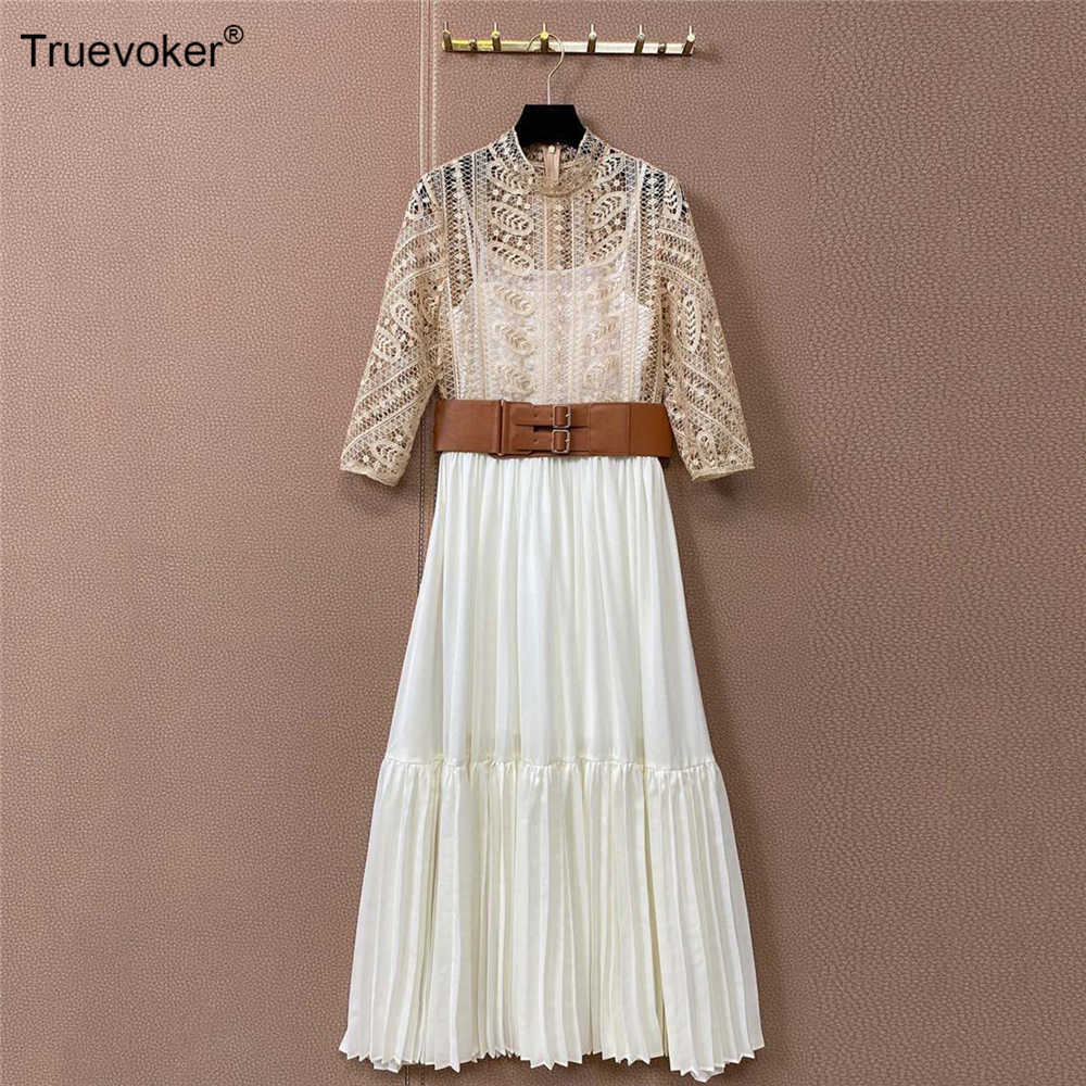 

Truevoker Summer European High Street Dress Woman Half Sleeves Embroidery Crochet Cutout Draped Belted Party 210602, White