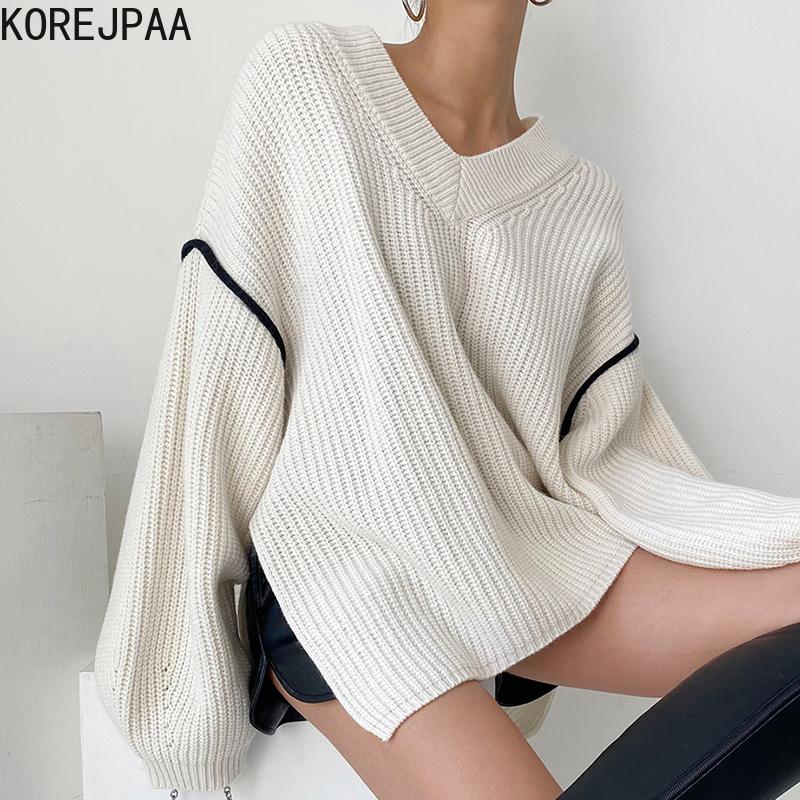 

Women's Sweaters Korejpaa Causal Women Sweater Korea Lazy Style V-neck Contrast Stitching Irregular Split Long-sleeved Knitted Pullover Knit, White;black