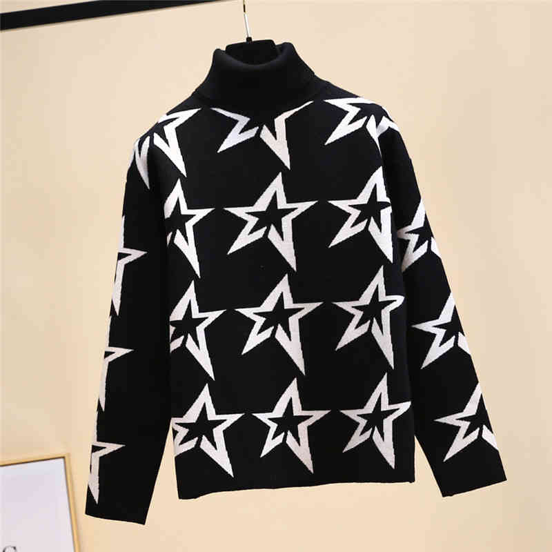 

women's sweaters female thick turtleneck, black red sweater, star, knitted or crocheted, korean style, spring 32pi, White;black