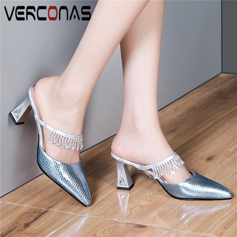 

Dress Shoes VERCONAS Genuine Leather Mules Women Sandals Summer Fashion Elegant Fringe Slippers High Heels Pointed Toe Pumps Woman, Blue