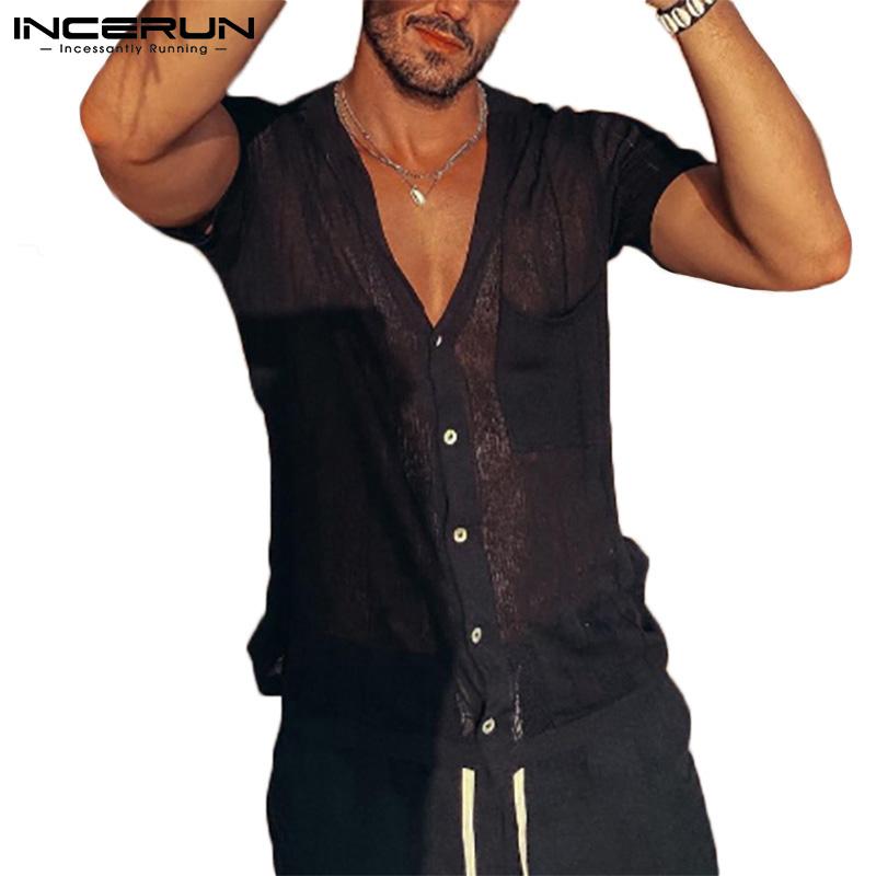 

Men Leisure Printed Shirt INCERUN Short Sleeve V Neck Mesh Blouse Summer Man Breathable See Through Camisa Casual Button Blusas Men's Shirts, Black