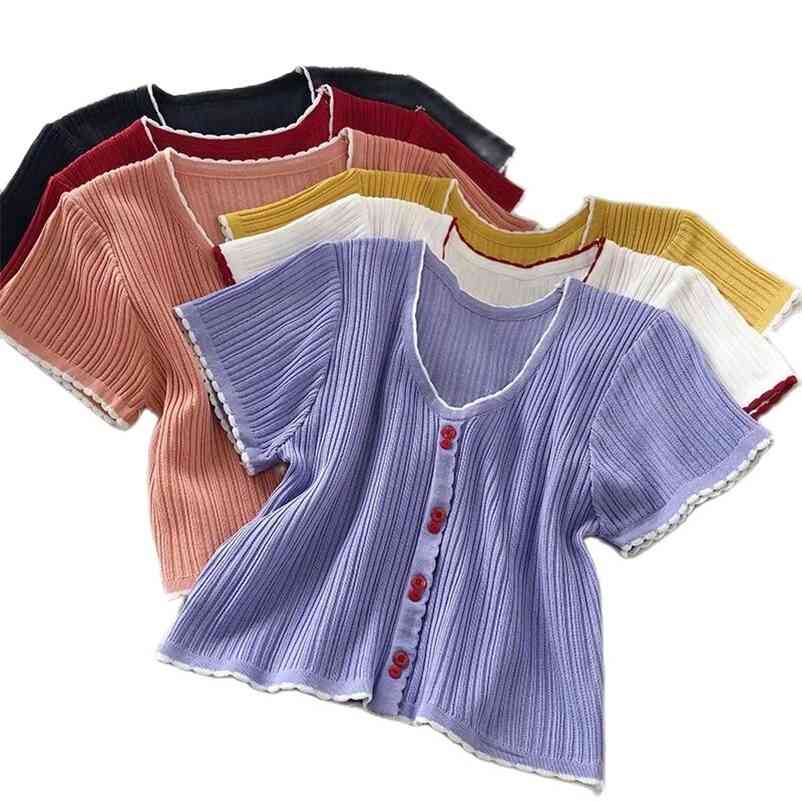 

Women Knitted Tshirts Female Buttons Up Front Cute Crop Short Sleeve V Neck Flounce Edge TopFor Summer 210518, Black