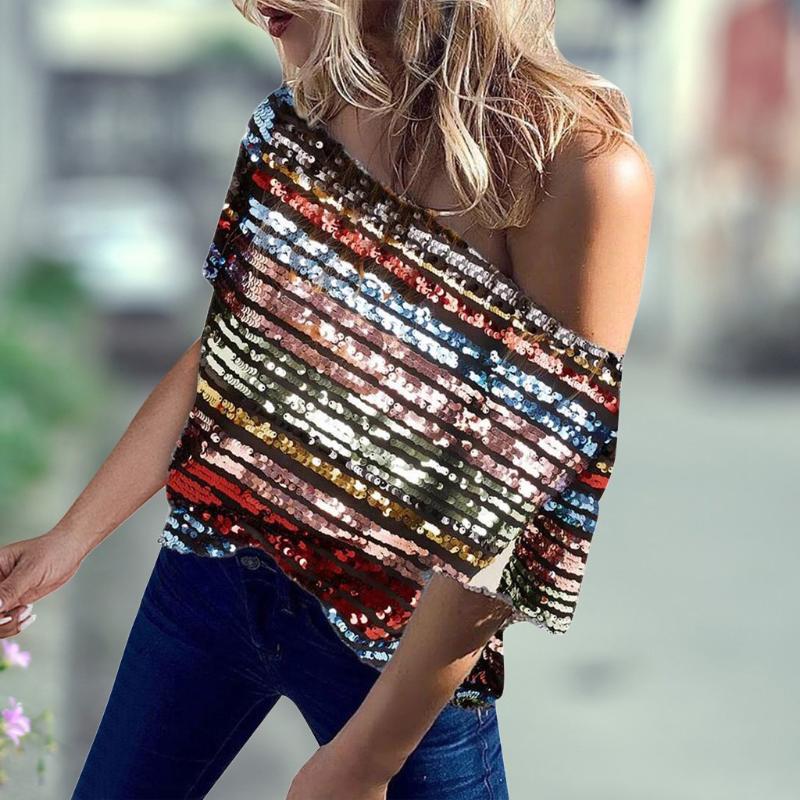 

Fashion Womens Tops And Blouses Skew-collar Irregular Sequins Short Sleeve Print Tee Casual Top Ladies 2021 Women' & Shirts, As pic