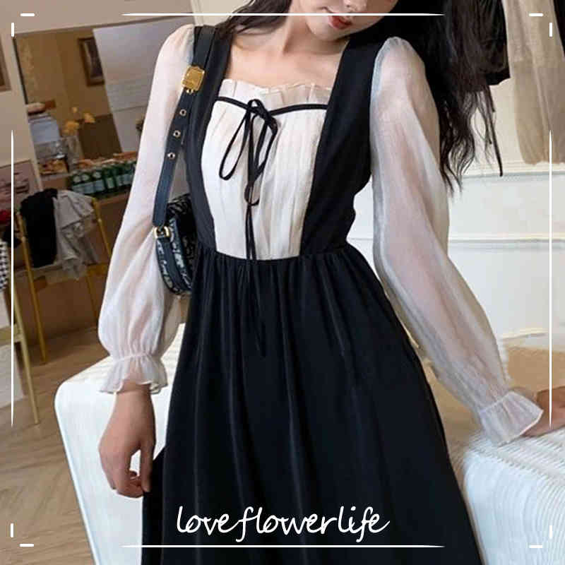 

French Elegant Dress Women Vintage Square Collar Long Sleeve Fairy Dress Lace-Up Chic Party Dress Korean Autumn 210521, Style 2