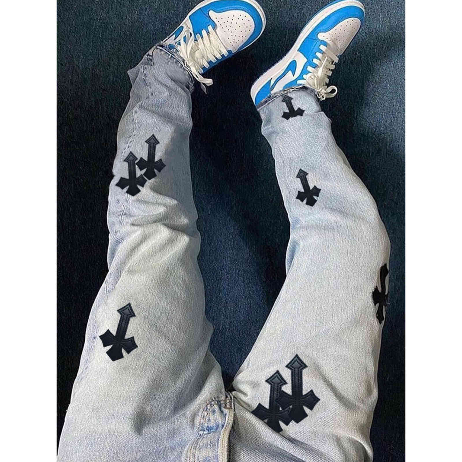 

Notabsent ch classic straight cross versatile mocho high street crosin jeans, Blue