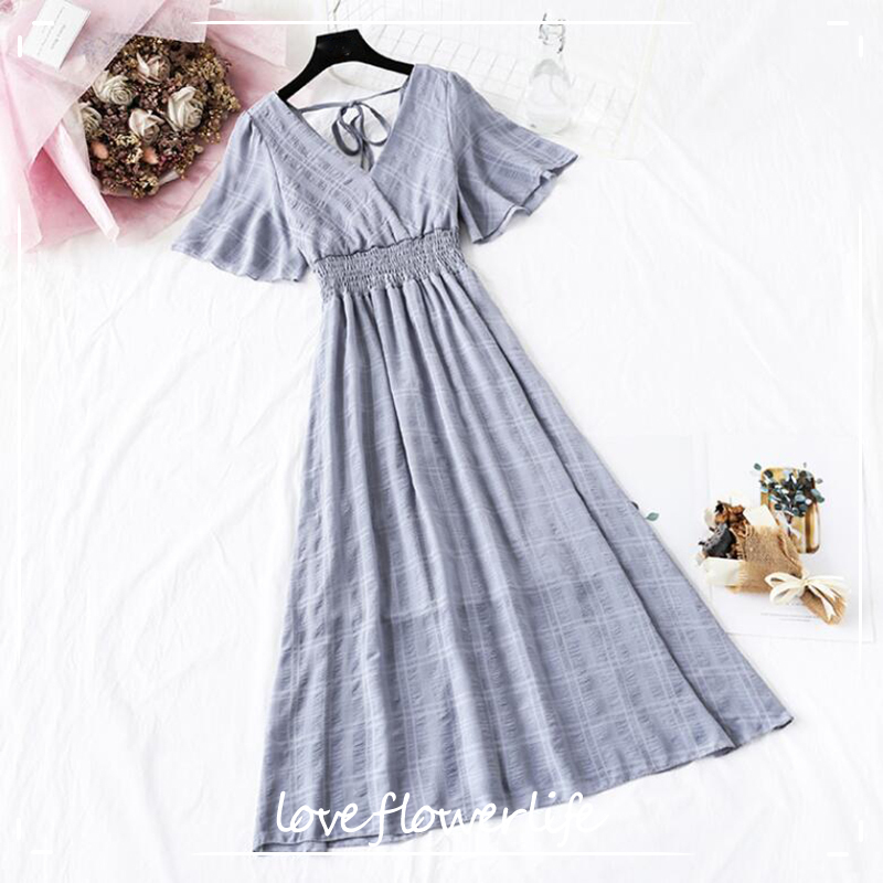 

Women Chiffon Dress Summer Short Sleeve V-neck Plaid Mid-calf Dresses Elastic Waist Long Pleated Dress Party Dress 210521, Apricot