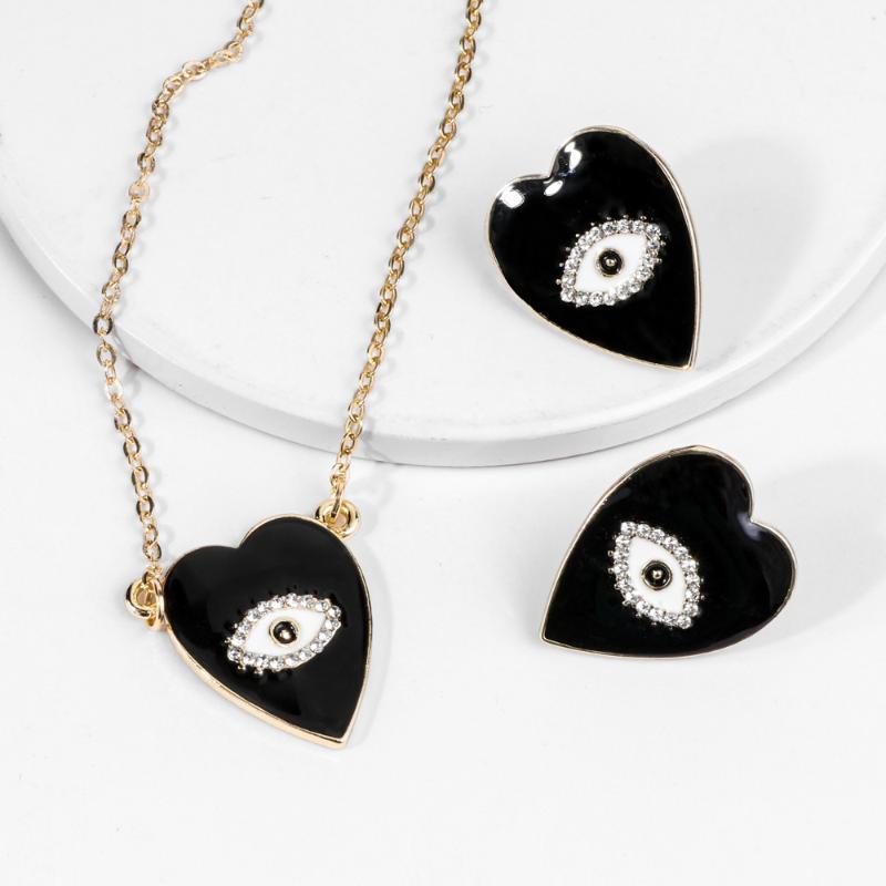 

Earrings & Necklace Bohemia Crystal Evil Eye Heart Pendant Sets For Women Chain Statement Drip Oil Party Bridal Aesthetic Jewelry, Silver