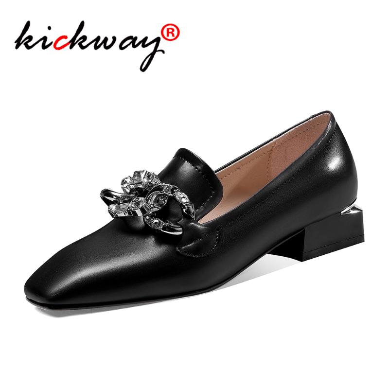 

Women Shoes Cow Leather Crystal Square Heel Big Size Pumps Slip On Elegant Wedding Office Lady Party Metal Sexy 43 Dress, Black
