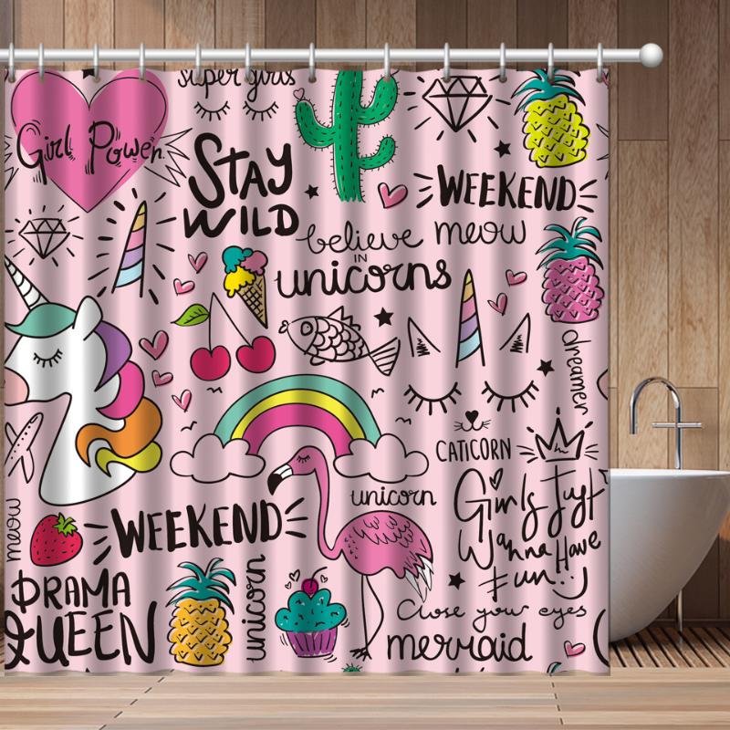 

Custom Cartoon Rainbow Flamingo Bathroom Curtain Kids Waterproof Polyester Fabric Bath Shower Home Decor Shoewer Sets & Drapes