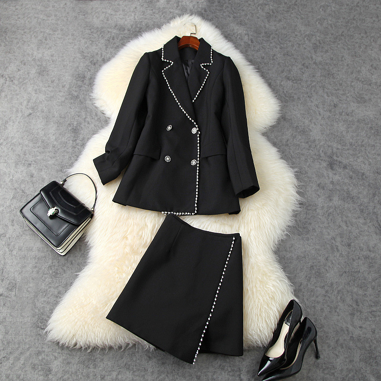 

Two Piece Dress European and American women's clothing autumn style Long-sleeved, double-breasted jacket Beaded skirt fashion suit M877, Black