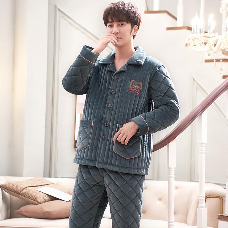 

Men's Sleepwear Winter Three Layers Quilted Pajamas Men Long Sleeved Coral Fleece Warm Soft Flannel Pyjamas Mens Lounge Solid Color Set, Black;brown
