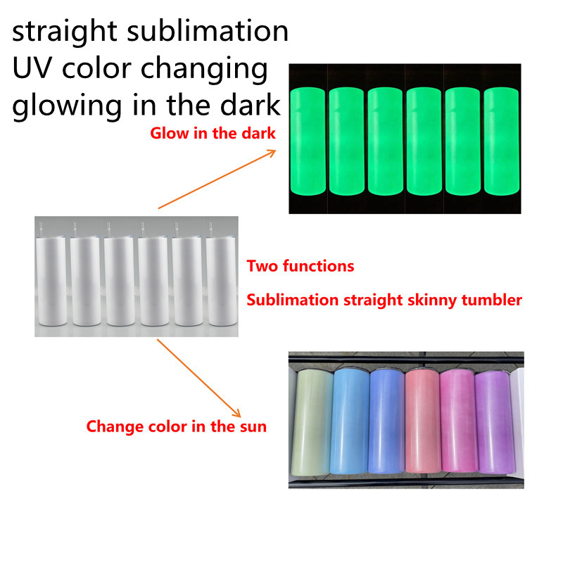 

UV color changing tumblers GLOWING in the dark DIY mug 20oz STRAIGHT sublimation multifunction skinny tumbler insulate stainless steel mugs with plastic straw, 20oz with lid