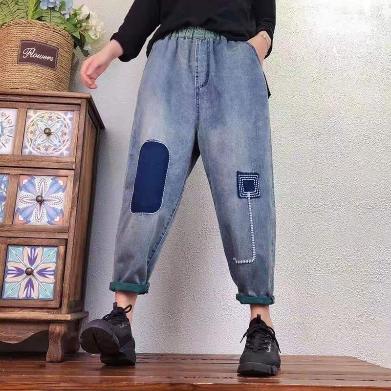 

Women's Jeans Arrival Spring/summer Women Loose Casual Elastic Waist Ankle-length Pants All-matched Cotton Denim W15 CZA4, Blue