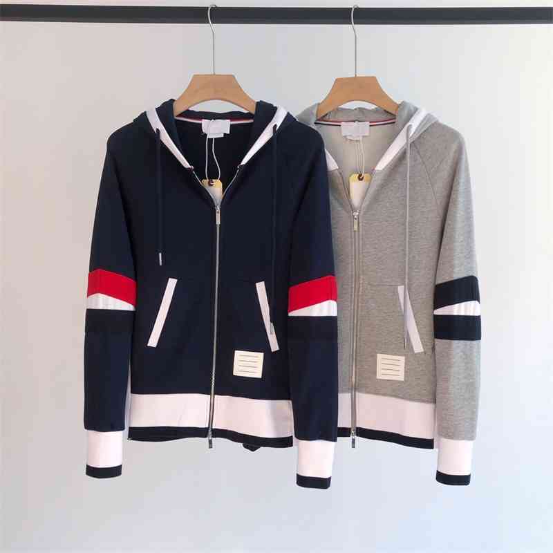 

Korean TB couple style contrast color stitched sleeves loose casual versatile sports zipper hooded cardigan sweater jacket autumn, Black