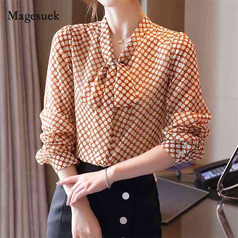 

Autumn Women Bow Tie Chiffon Blouse Slim Polka Dot Cardigan Shirt Long Sleeve Bottoming Elegant Blusas Mujer 10878 210518, Gray