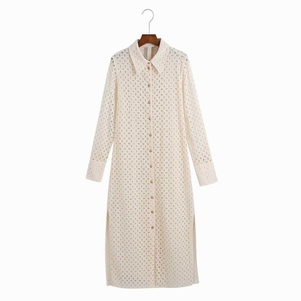 

Women Broderie Dress Summer Fashion Full Sleeve Hollow Out Embroidery Midi Sundress 210602, Beige