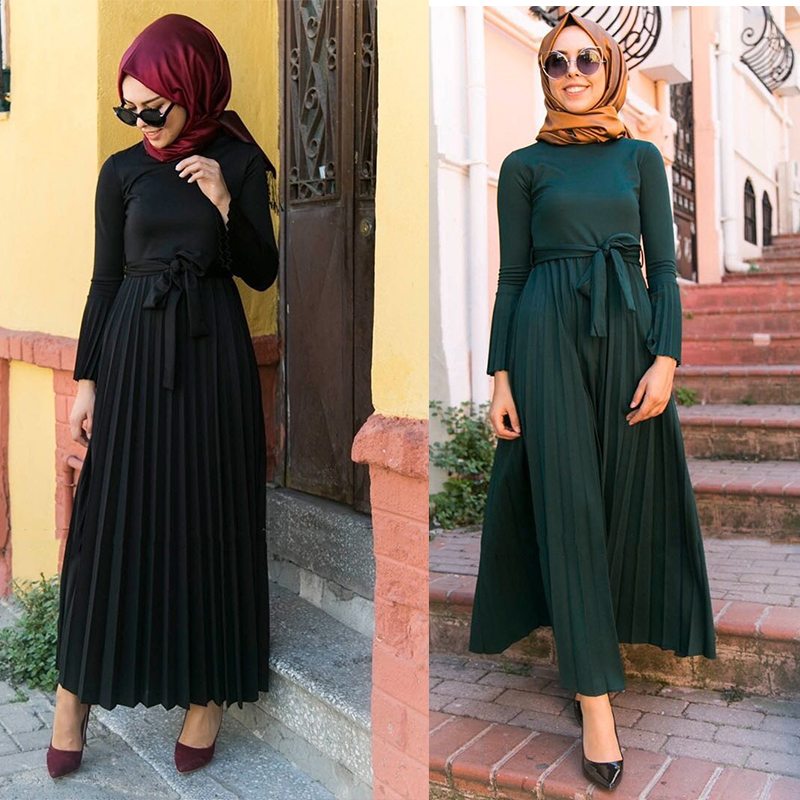 

Turkey Ramadan Abaya Women Muslim Dress Lace-up Moroccan Kaftan Jilbab Hijab Pleated Vestidos Islamic Clothing Mujer KALENMOS