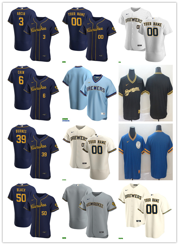 

Men Women Youth Milwaukee Brewers 3 Orlando Arcia 50 Ray Black 39 Corbin Burnes 6 Lorenzo Cain Custom Baseball Jersey Blank whit, Blue;black