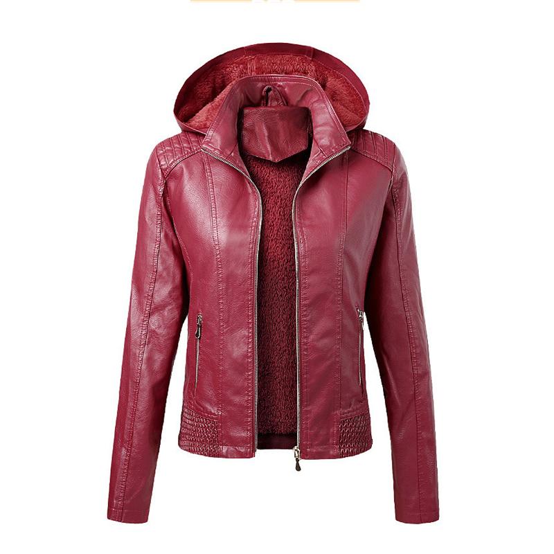 

Women's Leather & Faux 2021 Autumn Winter Warm Coat Women Black Red Yellow Lapel Fashion Casual Hooded Tops PU Jacket GH726
